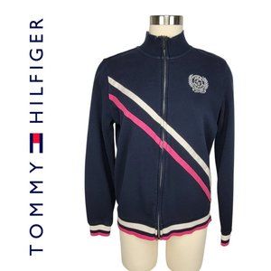 Vintage Tommy Hilfiger Womens Bomber Jacket Large Blue Pink White Racer Stripe